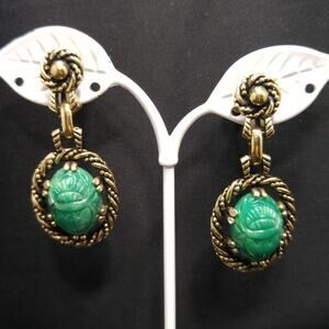Vintage Peking Glass Scarab Beetle Screw-back Earrings, 1950's, 2 Inches